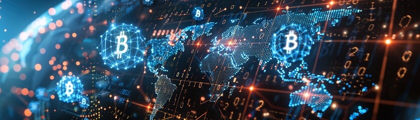 Create a dynamic visual representation of a global map with cryptocurrency icons connecting different regions in emerging economies Emphasize 