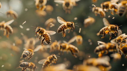 Busy honey bees flying