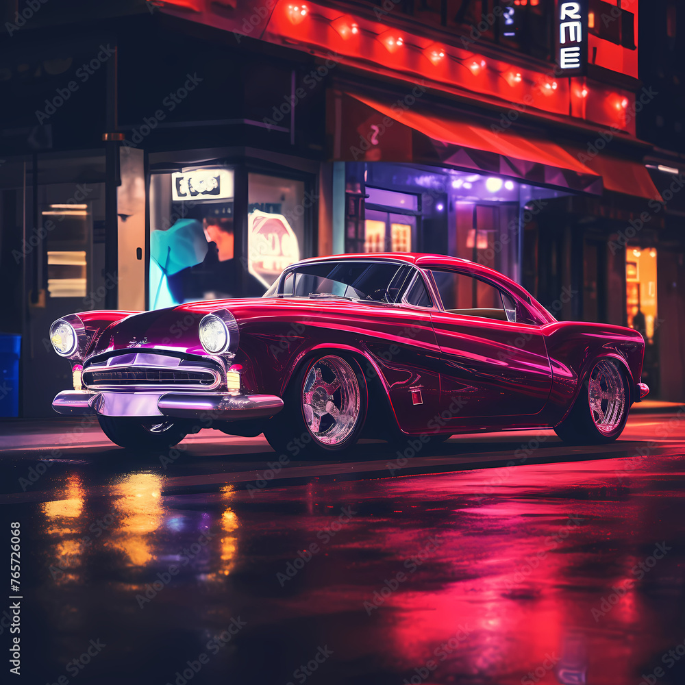 Wall mural classic car with a modern twist in a neon-lit city