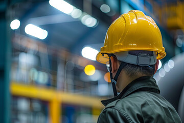 Industrial engineers wearing hard hats working at a heavy industry manufacturing factory