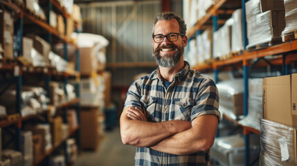business owner of a manufacturing company standing in the inventory room - obrazy, fototapety, plakaty