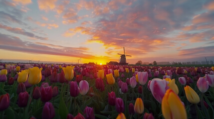 Landscape of colorful tulip field and traditional dutch windmill in Netherland - obrazy, fototapety, plakaty