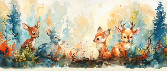 Watercolor forest animals on a pastel abstract background