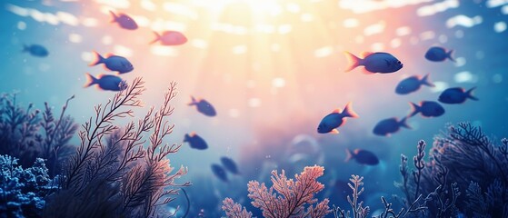 Fototapeta na wymiar Underwater scene with fish silhouettes, gradient background