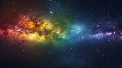 Dynamic space backdrop of nebula and stars with horizontal rainbow hues, night sky and vibrant milky way