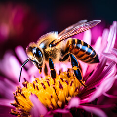 Close-up of a bee pollinating a flower.  - obrazy, fototapety, plakaty