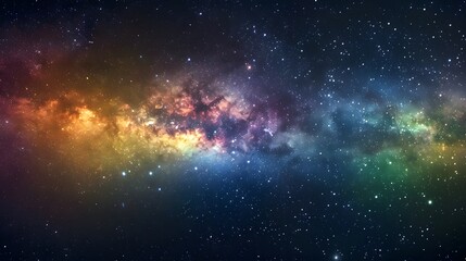 Dynamic space backdrop showcasing nebula and stars with horizontal rainbow colors, night sky and vibrant milky way - obrazy, fototapety, plakaty