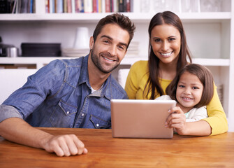 Mom, dad and child in portrait with tablet for teaching, learning or support in education with love. Elearning, digital app and parents with girl for help in homeschool, growth and development online