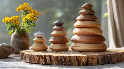 Composition of wooden pyramids and a vase with yellow flowers