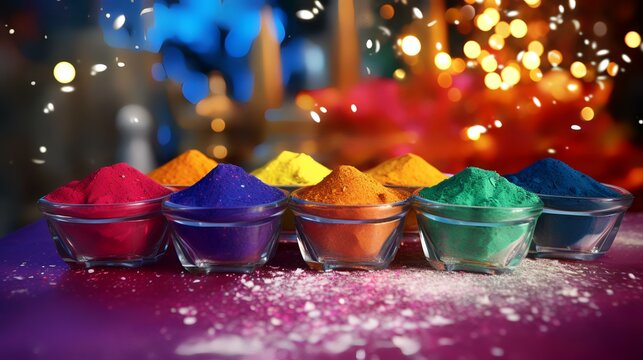 Colorful Holi powder with bokeh background, Indian festival