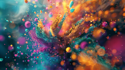 A cascade of vividly colored particles forming intricate structures in a mesmerizing abstract fluid background. - obrazy, fototapety, plakaty
