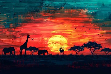 Naklejka premium Silhouetted safari animals, sunset colors, abstract horizon