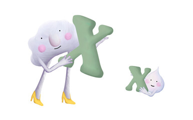 Bright cartoon alphabet. Mama cloud with big letter and cute drop with small letter X. Illustration set on white background