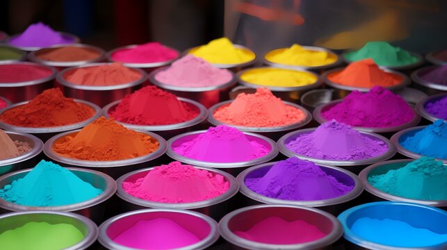 Colorful Holi paints in buckets close-up. 3D rendering