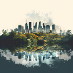 Double exposure of a city skyline and a forest. 