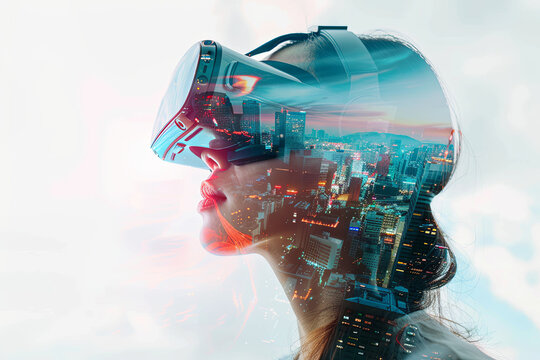Double exposure image of a girl wearing virtual reality headset