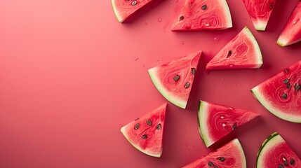 Horizontal banner with pieces of watermelon on a pink background. Watermelon background top view with copy space. - obrazy, fototapety, plakaty