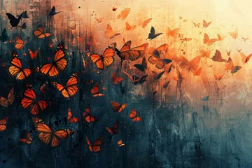 Poster de jardin Papillons en grunge Monarch butterflies migration, pattern over abstract fields