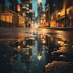 Reflection of city lights in a rain puddle. 