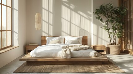 Minimal bedroom mockup, featuring a low-profile bed, natural tones