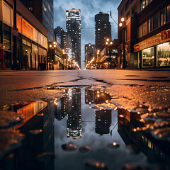 Reflection of city lights in a rain puddle. 