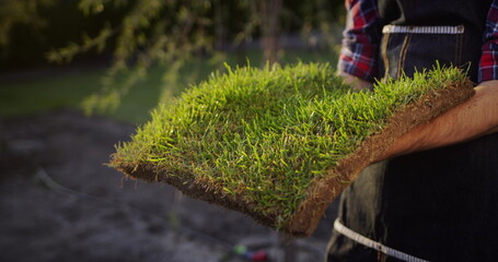 Sideview: The farmer's hands are holding a piece of land with green grass.
