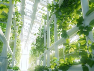 Vertical farm greenhouse with tiers of climbing plants. Organic food, biotechnology and vertical farming concept. Agriculture industry interior design for poster, banner, presentation 