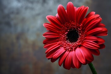 A vibrant red gerbera daisy, with its petals perfectly arranged in an oval shape, stands out against the blurry background of a dark grey wall.