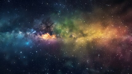Vivid space scene with nebula and stars displaying horizontal rainbow hues, night sky and vibrant milky way - obrazy, fototapety, plakaty