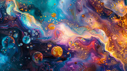 A galaxy of microscopic entities interacting harmoniously in a stunning abstract fluid background. - obrazy, fototapety, plakaty