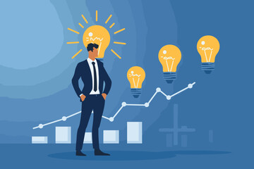 Businessman with idea lightbulb, project development from concept to realization, business plan and strategy vector illustration
