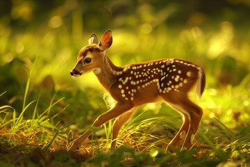 Bathed in the golden hues of a summer afternoon, a baby deer, known affectionately as Bambi, frolics amidst the lush grass of a sun-dappled meadow.