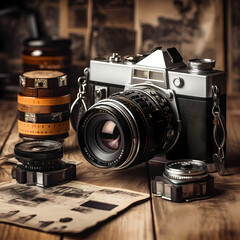 Vintage camera and film rolls on a wooden table.