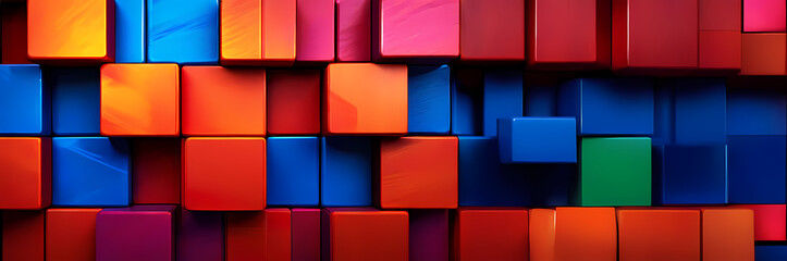 an abstract geometric texture composed of vibrant colored 3D wooden square cubes - obrazy, fototapety, plakaty