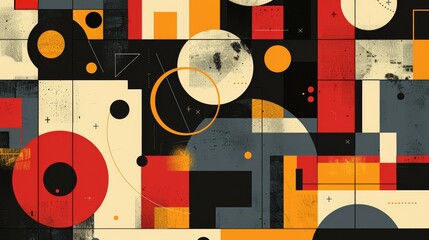 A modernist collage featuring bold geometric shapes and striking color contrasts with a textured finish..