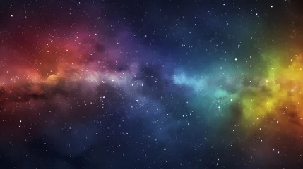 Deurstickers Vivid space scene with nebula and stars displaying horizontal rainbow hues, night sky and vibrant milky way © artestdrawing