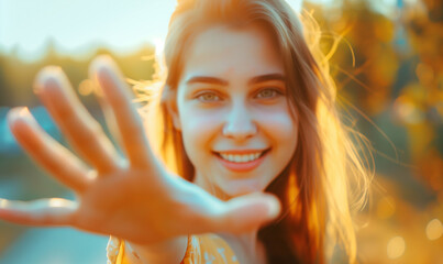 Girl teen smiling and reach her hand. Help Touch Care Support be a Good Friend with Love concept 