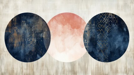 A triptych of circles with rich textures and watercolor. Earth tones overlaid with patterns.. - obrazy, fototapety, plakaty