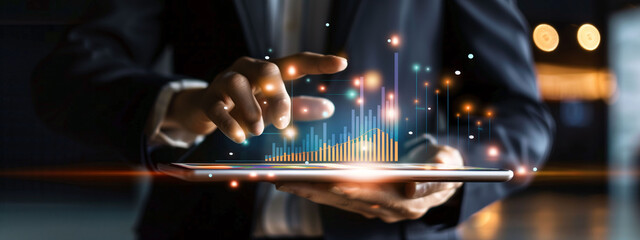 Person holding a tablet with a virtual data graph. Financial study or business trend. Business concept, data, statistics...