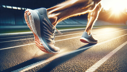 close up of a runner on a Running track in a stadium  - obrazy, fototapety, plakaty