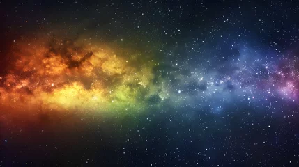Foto op Plexiglas Vivid space scene with nebula and stars displaying horizontal rainbow colors, colorful milky way galaxy background © artestdrawing
