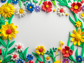 A frame made of plasticine and there is an empty space in the middle, decorated with flowers and plants design in the style of children's drawings.