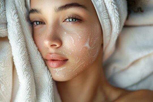 Elegance in skincare, smooth complexion, wrapped in white towel