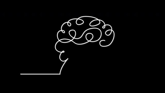 Human brain head silhouette self drawing animation. Black background.