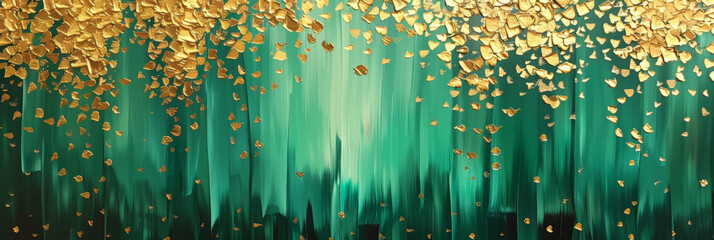 Abstract painting with golden and teal dots with green background,pallet knife paint on canvas