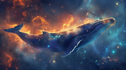 Cosmic whale, stars and galaxies pattern, dreamy background