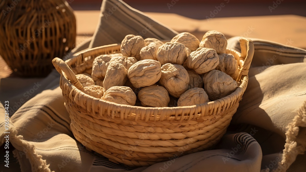 Poster harvest bounty: medjool dates artfully displayed in a rustic straw basket, evoking warmth and natura