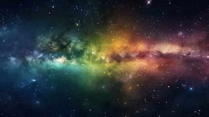 Vivid space scene with vibrant nebula and stars, horizontal rainbow colors, colorful milky way galaxy background