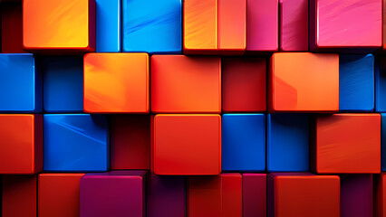 an abstract geometric texture composed of vibrant colored 3D wooden square cubes