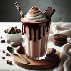 Chocolate smoothie in jars for healthy breakfast, Chocolate milkshake closeup with ice cream and choco pieces.  - obrazy, fototapety, plakaty